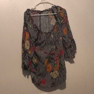 Striped flowery over the shoulder shirt.